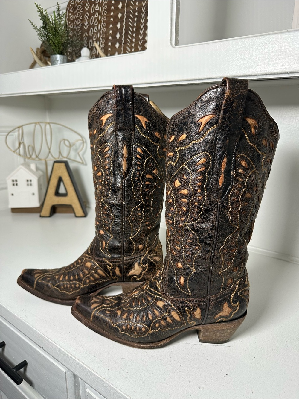 Corral Cutout Cowboy Boots Womens 6.5 Brown Distressed Western Cowgirl Inlay